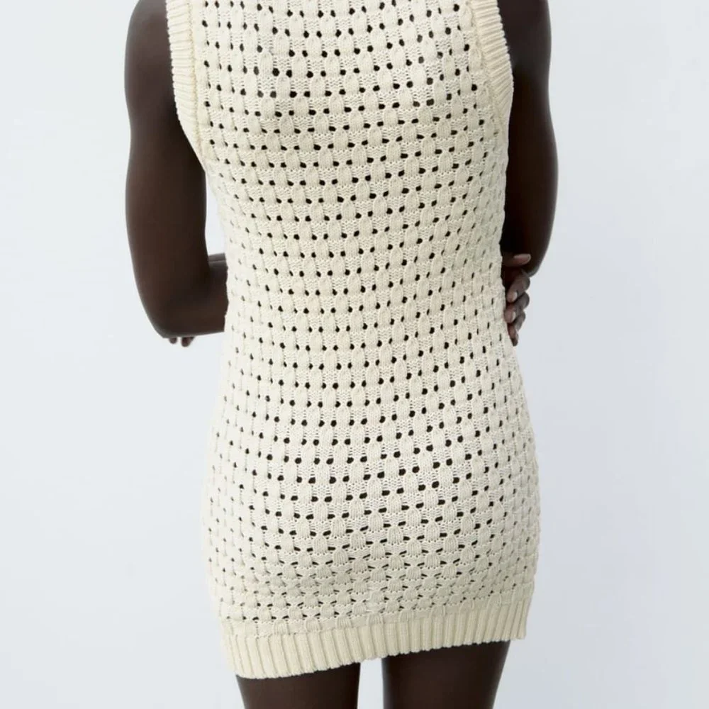 NWT ECRU BEIGE CREAM OPENWORK KNIT MINI DRESS. - Picture 5 of 8